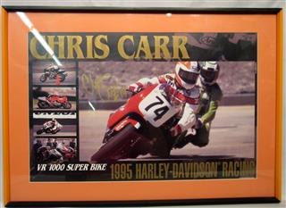 CHRIS CARR FRAMED ORIG SIGNED 1995 HARLEY DAVIDSON RACING VR SUPER BIKE-26X18